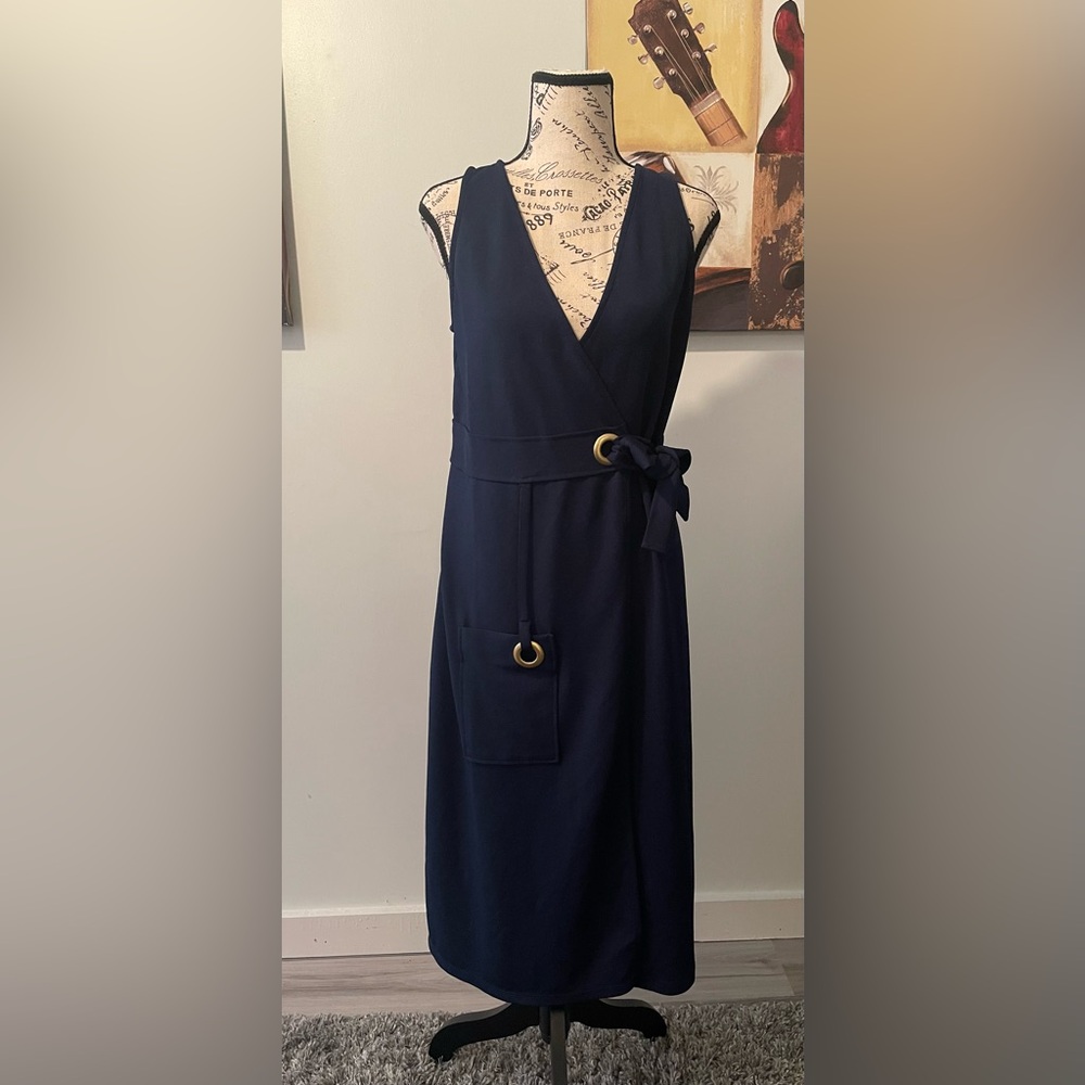 Kensie Navy Midi Faux Wrap Dress with Gold Accents